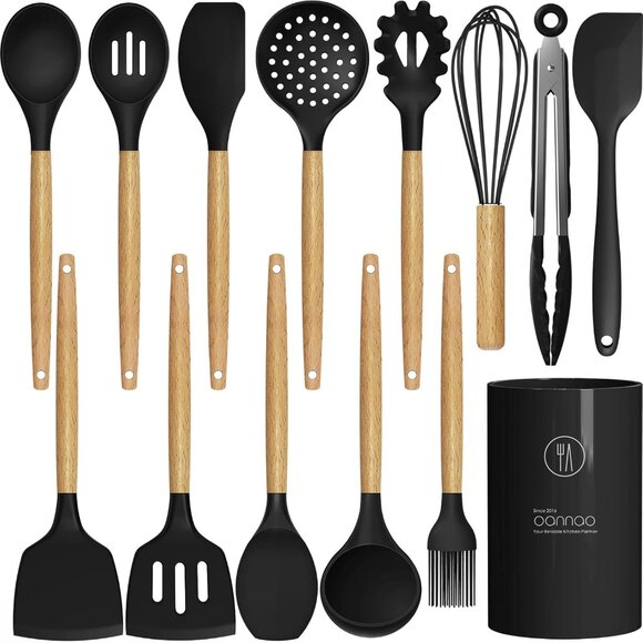 Elegant Black Silicone Cooking Utensils Set - 13-Piece Heat Resistant Collection